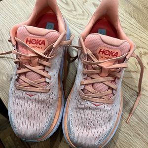 Worn Hoka Clifton 8 Women’s Running shoe. Size 9 Cantaloupe/Silver Peony